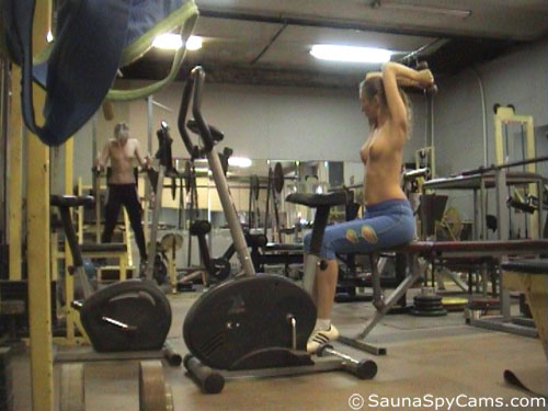 Gym voyeur cam filming two topless fitness babes